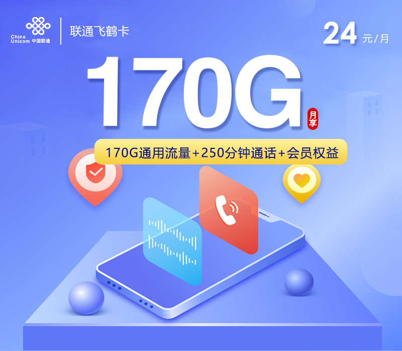 联通飞鹤卡月仅24元享170G全国流量+250分钟通话，真实太划算了