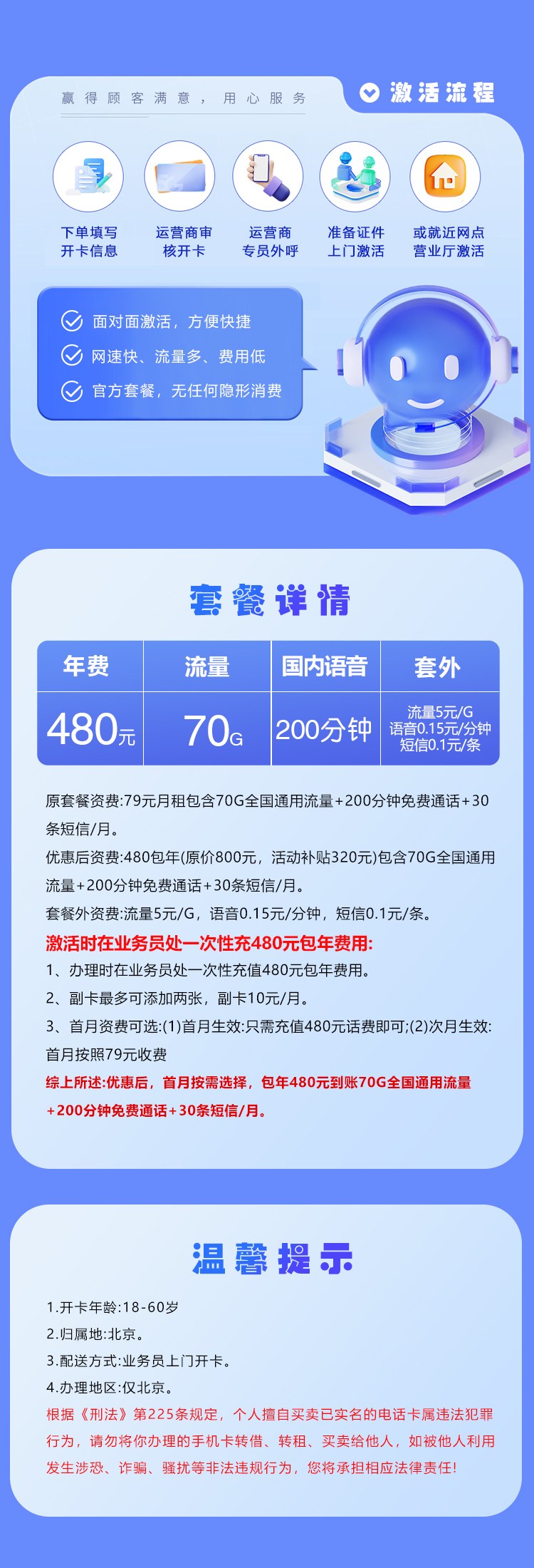北京联通专享卡480元包年详解：70G全国通用+200分钟，北京本地上门激活
