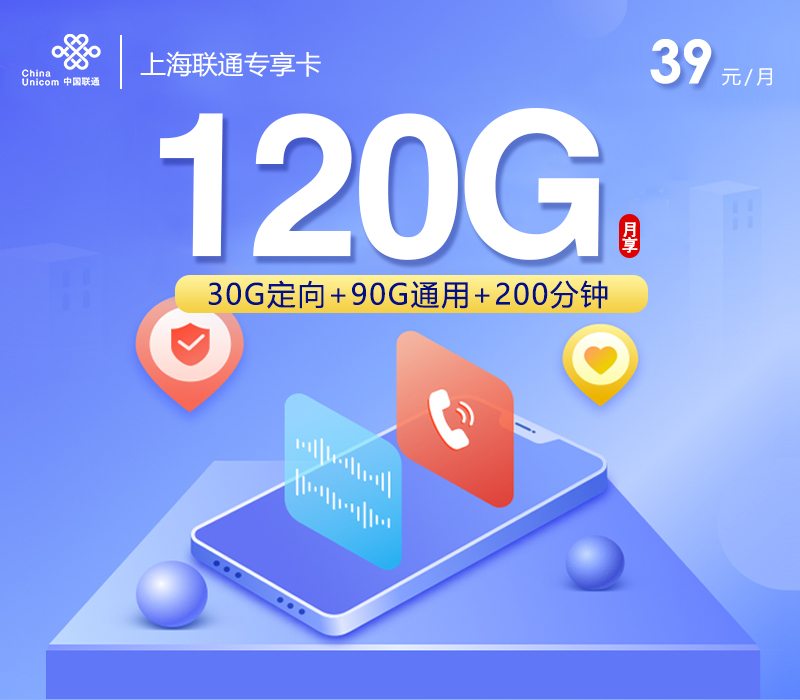【联通上海】专享卡|39元120G流量+200分钟，2026上海本地专属办理
